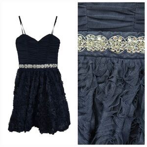 Navy Blue Ruched Dress Silver Rhinestone Studded Rosette Lace Prom Hoco Dance